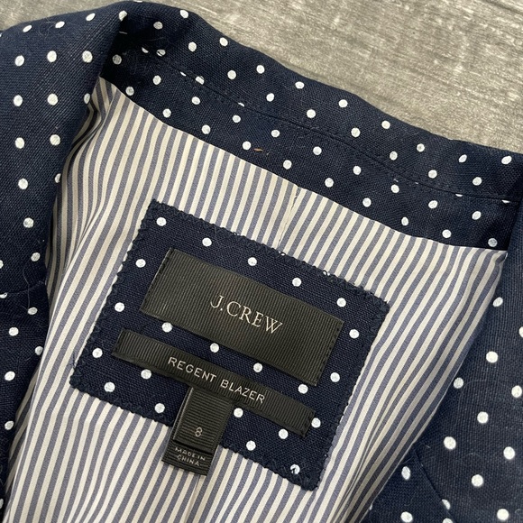 J. Crew 100% Linen Navy & White Polka Dot Regent Blazer Jacket size 8 - Picture 11 of 12